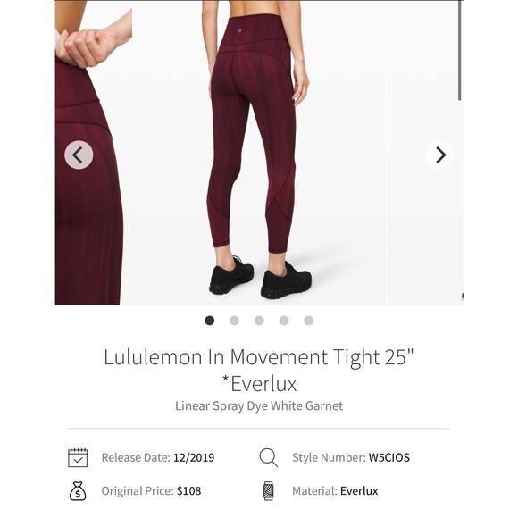 Lululemon In Movement Tight 25" Everlux Linear Spray Dye White Garnet W5CIOS S2 - Picture 2 of 7